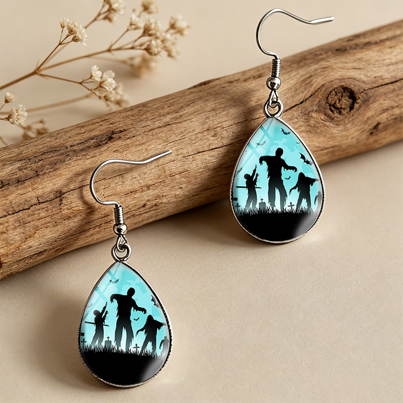 Graveyard Zombies Bats Tear Drop Glass Cabochon Earrings